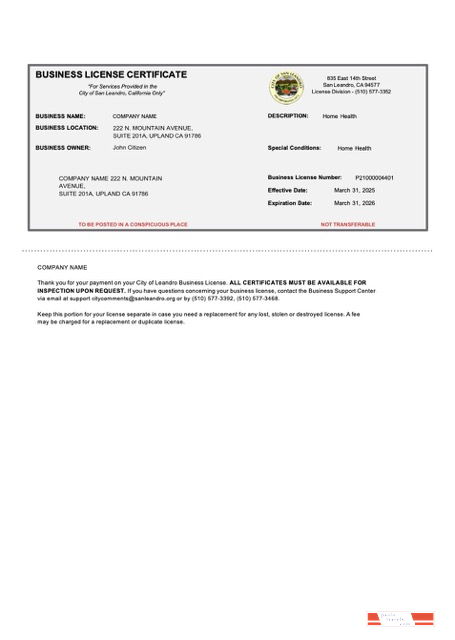 USA California business license certificate Word and PDF template